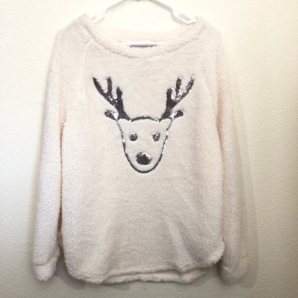 WITH LOVE DEREK Womens Medium Fluffy Christmas Sweater Sequin Reindeer Pullover